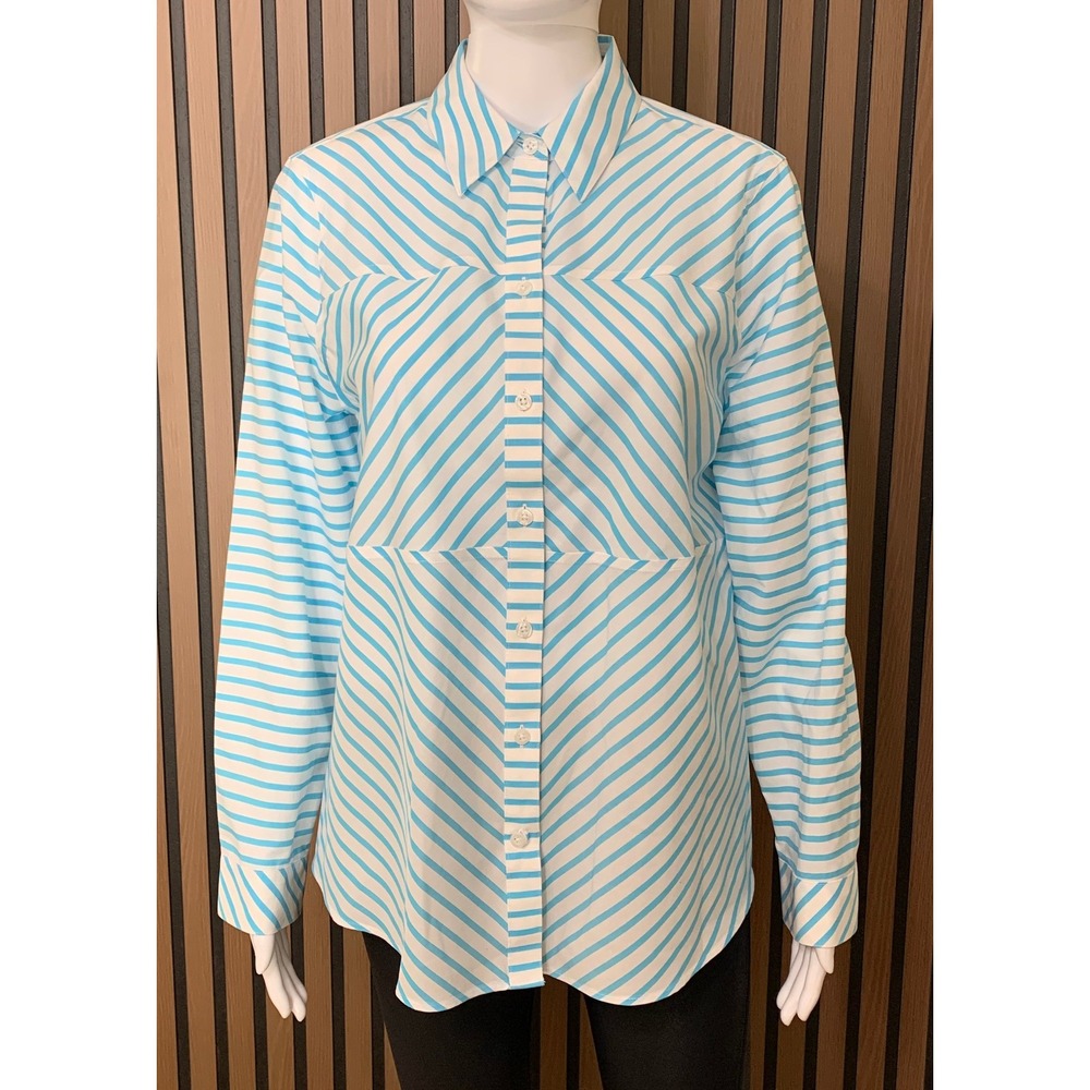 Chicos No-Iron Blue White Striped Button Down Shirt Size 1 Cotton Long Sleeve